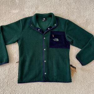 North Face TNF Sherpa Fleece Jacket Snap Button Scarab Green Blue Men Medium NEW
